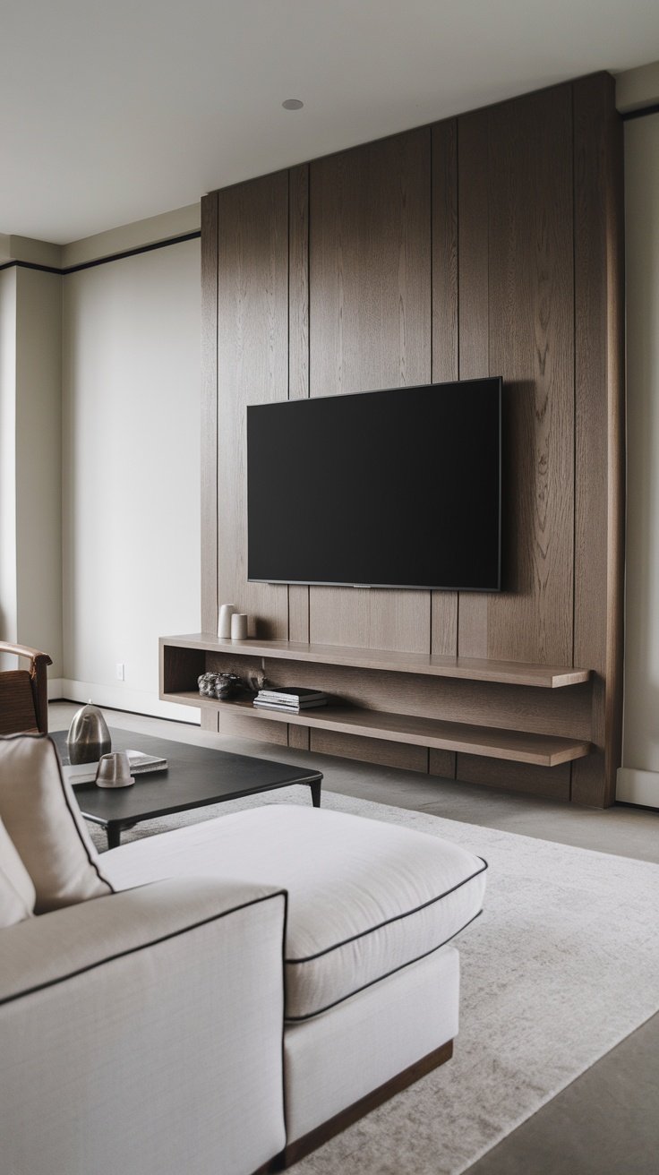 A modern living room featuring a minimalist TV wall design with wooden accents.