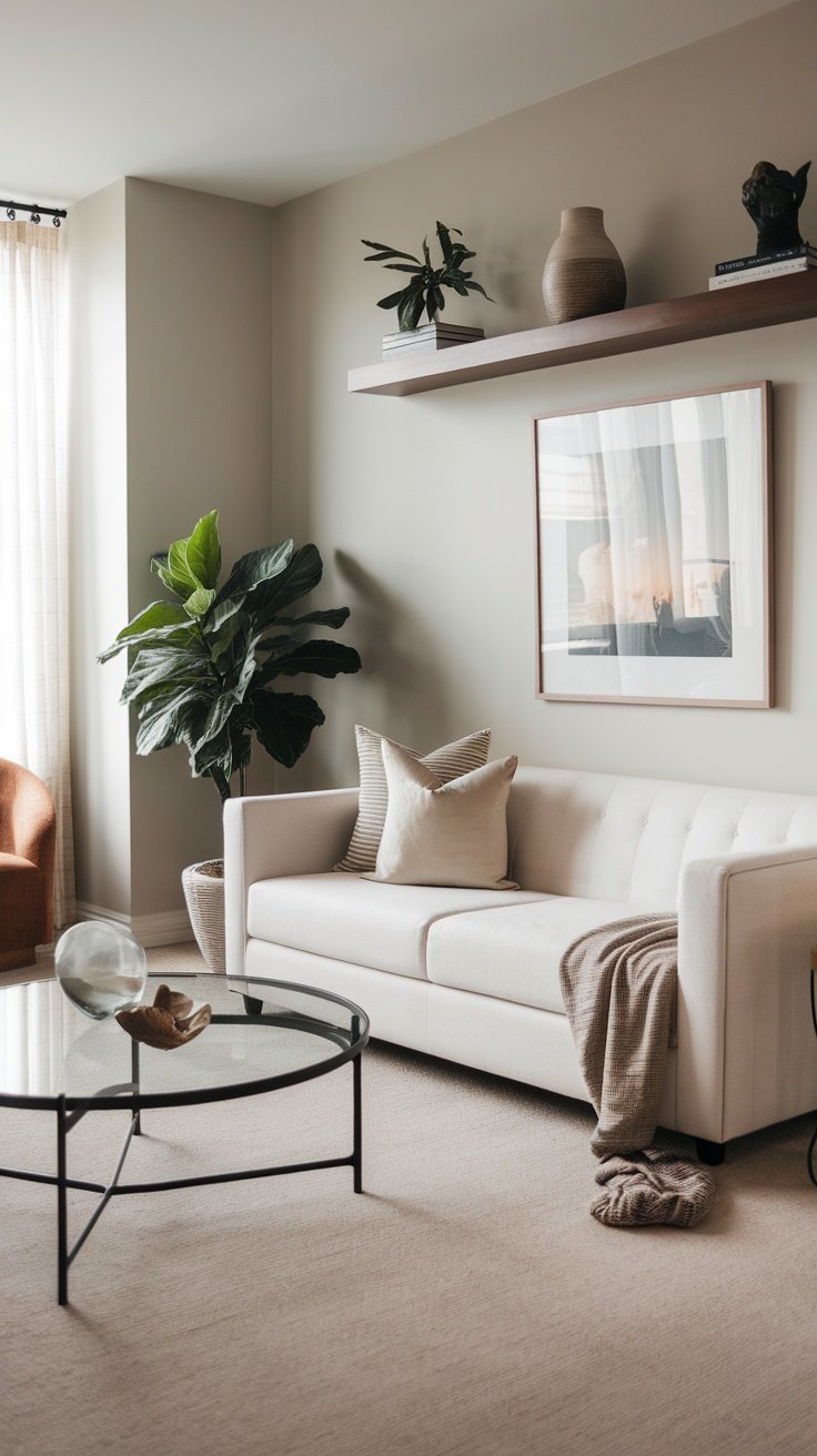 A modern living room featuring a stylish sofa, coffee table, and plant decor.