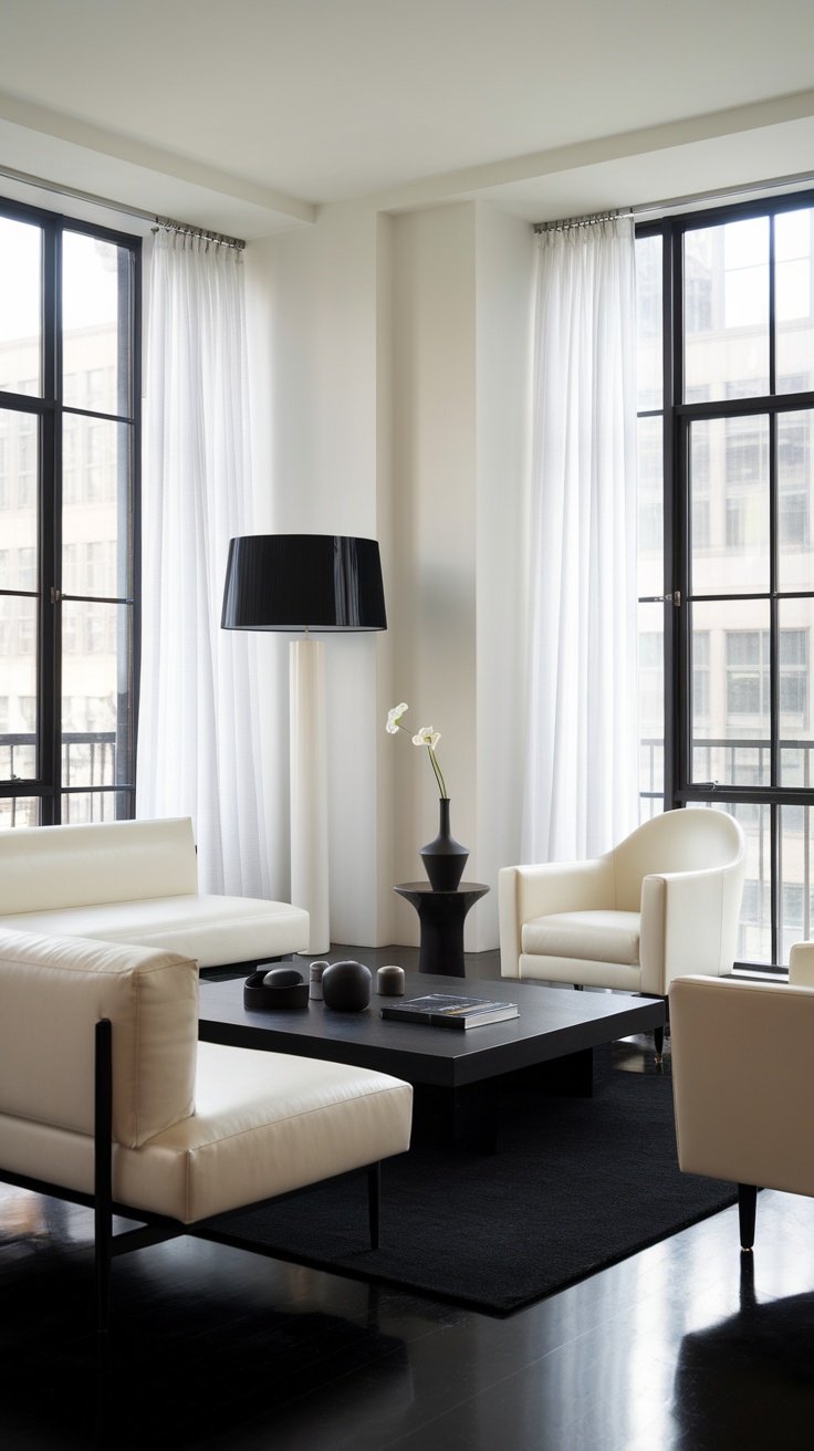 A stylish black and white living room featuring elegant furniture and natural light.