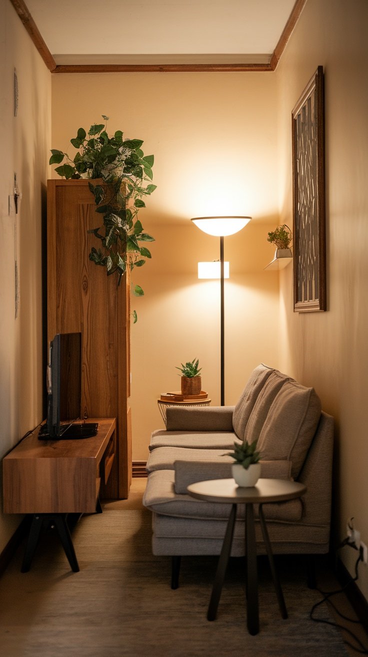 A narrow living room featuring a cozy sofa, plants, and soft lighting.