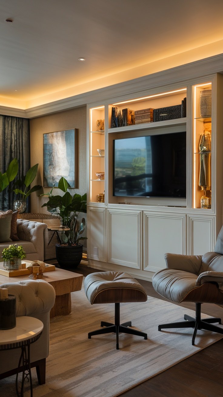 A stylish living room featuring a concealed TV system with elegant decor.