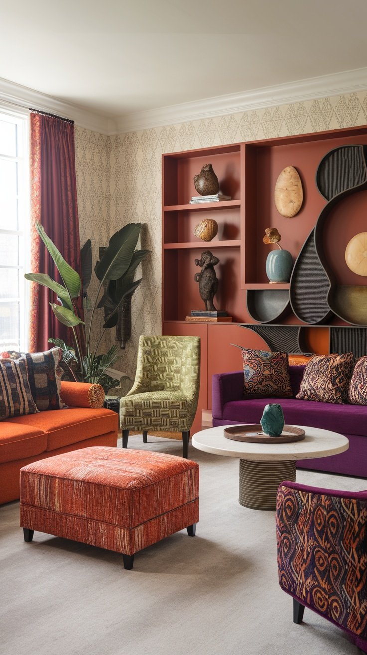 A modern eclectic living room featuring vibrant furniture and decorative elements.