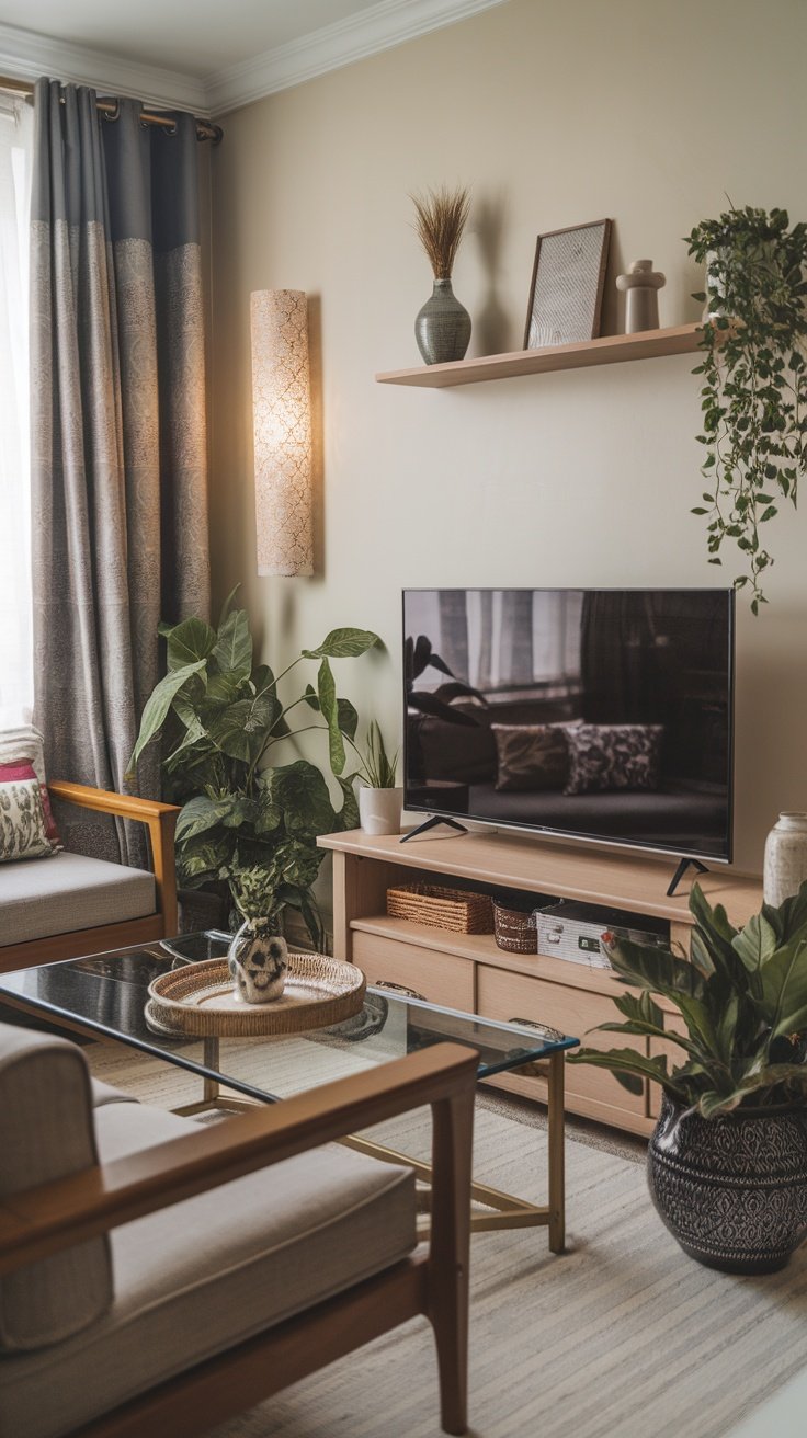 Cozy small living room with TV, plants, and decorative elements.