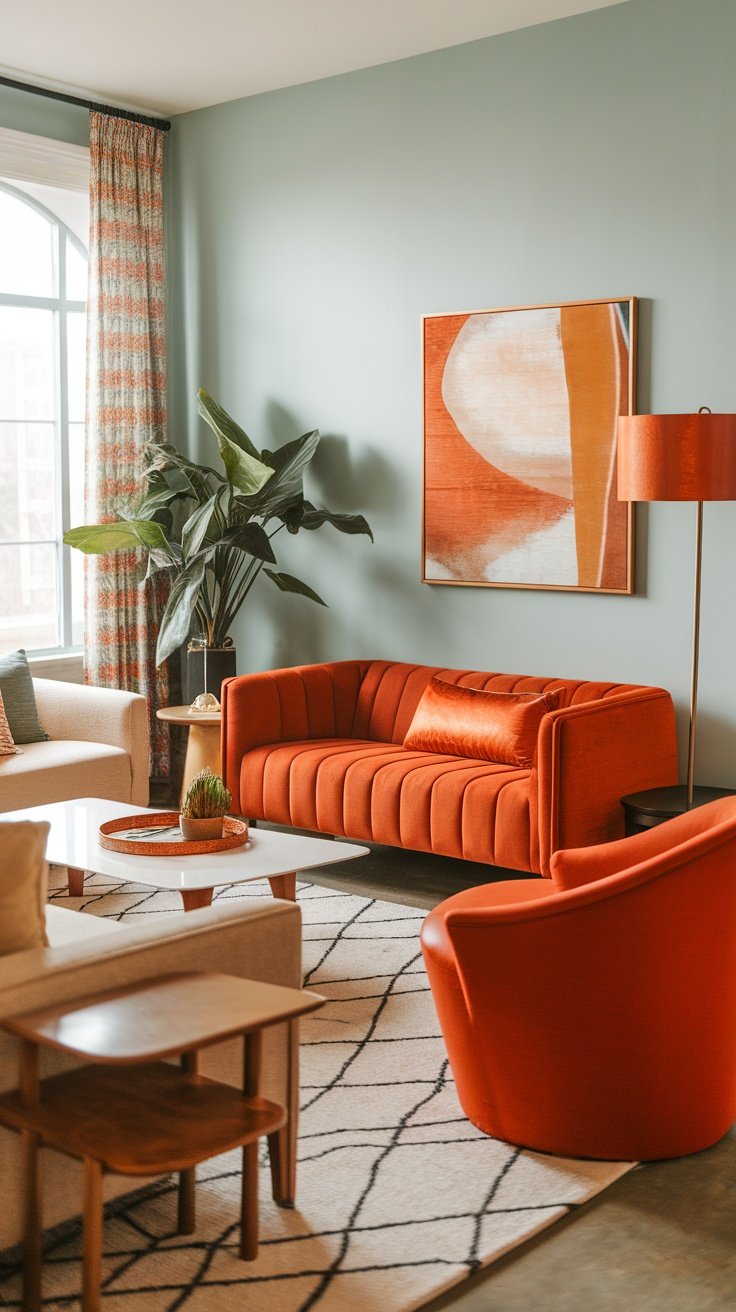 A stylish living room featuring burnt orange furniture and decor.