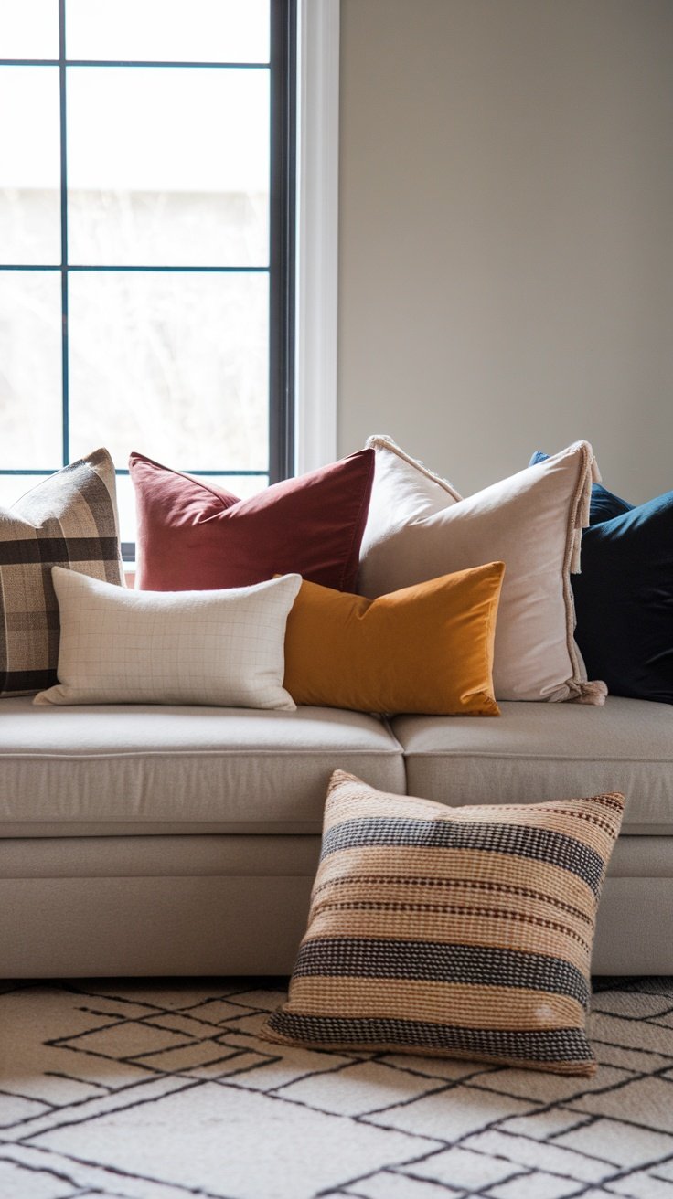 A stylish arrangement of throw pillows on a couch.