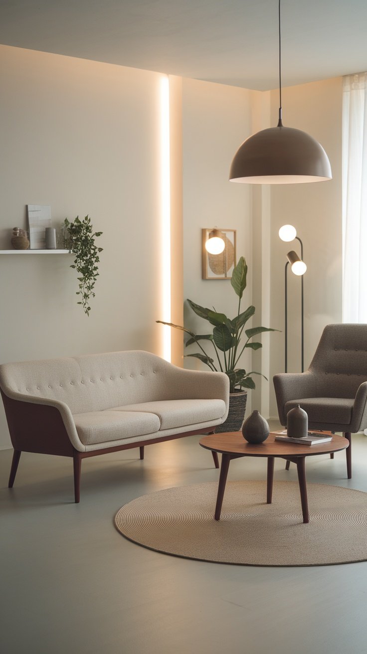 A contemporary living room featuring a beige sofa, a round coffee table, and modern lighting.