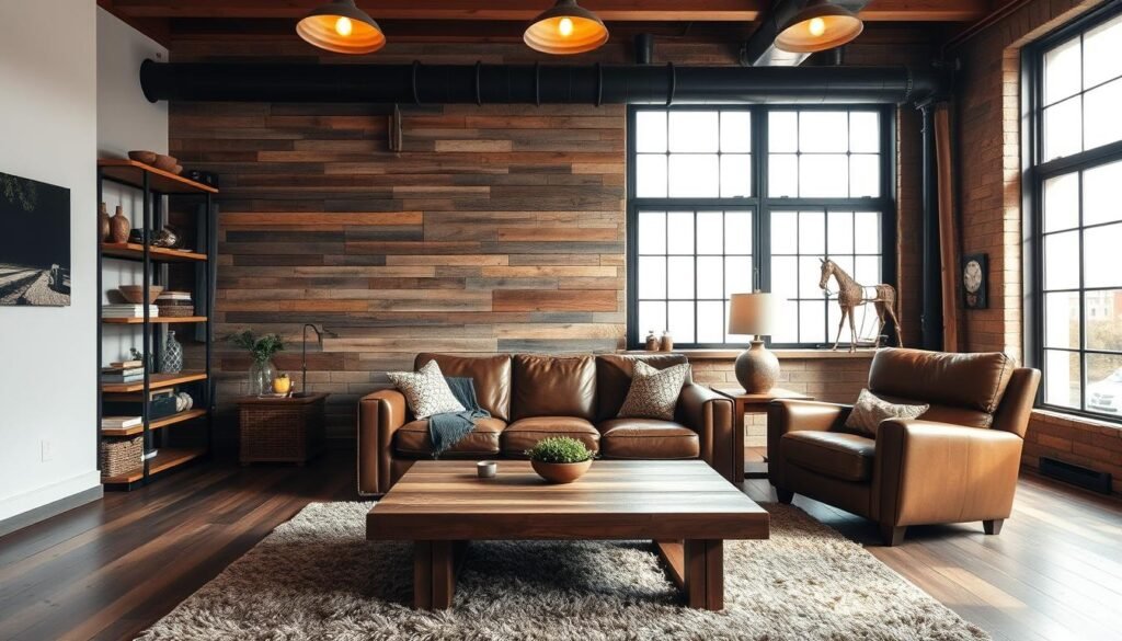 Industrial lighting and reclaimed wood accents