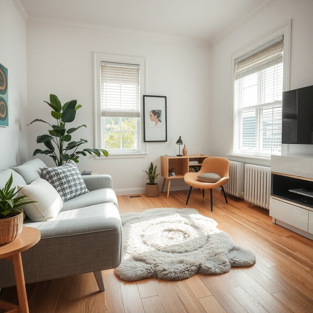 A cozy living room featuring a plush accent rug, a gray sofa, and a stylish chair.