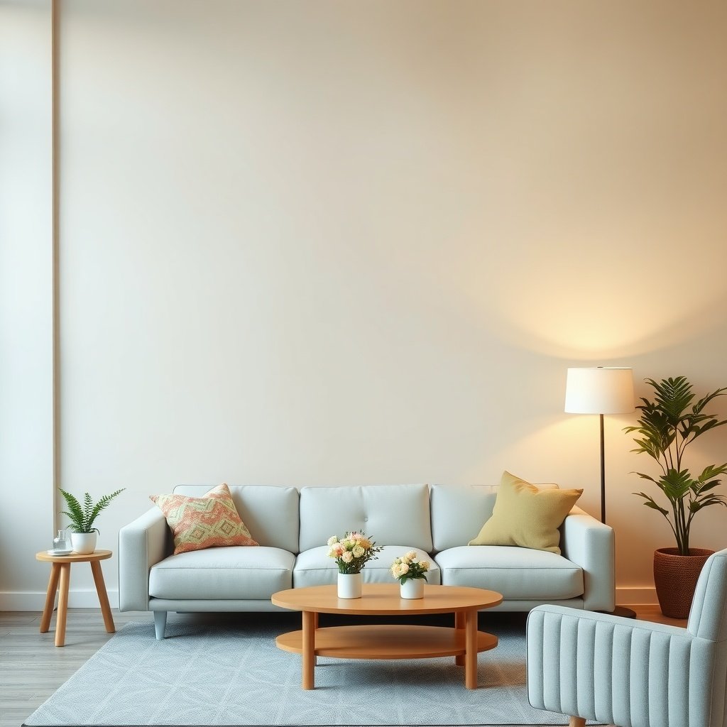 Bright living room with light, cheerful colors and cozy decor.
