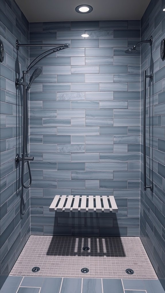 A modern accessible corner shower with a folding bench and blue tile walls.