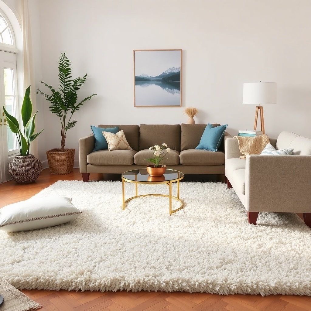 Cozy living room with plush rug, modern furniture, and coordinated decor.