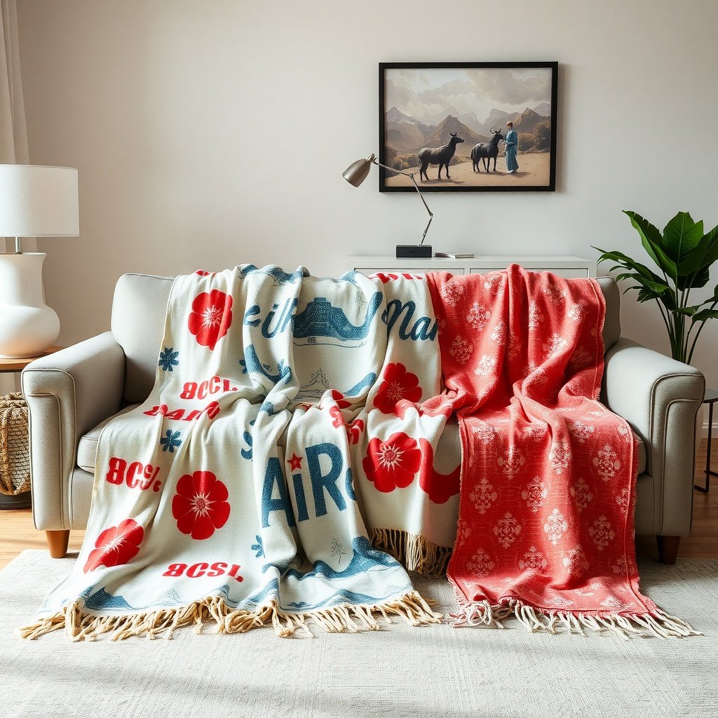 A cozy living room sofa adorned with vibrant summer-themed throws.