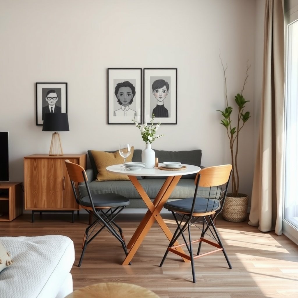 A small living room featuring a folding dining table with two chairs, light decor, and stylish artwork on the wall.