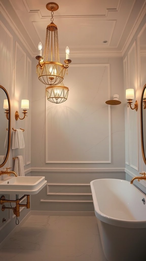 Elegant bathroom with gold lighting fixtures and decor