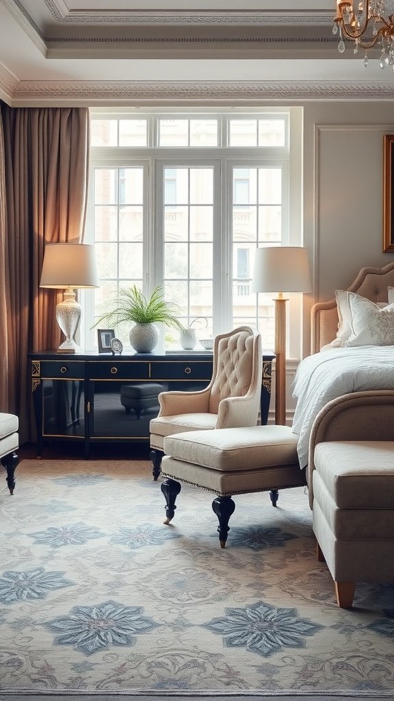 A luxurious bedroom featuring elegant upholstered furniture and tasteful decor.