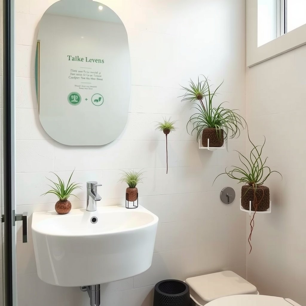 A modern bathroom featuring air plants in unique holders on the wall and sink.