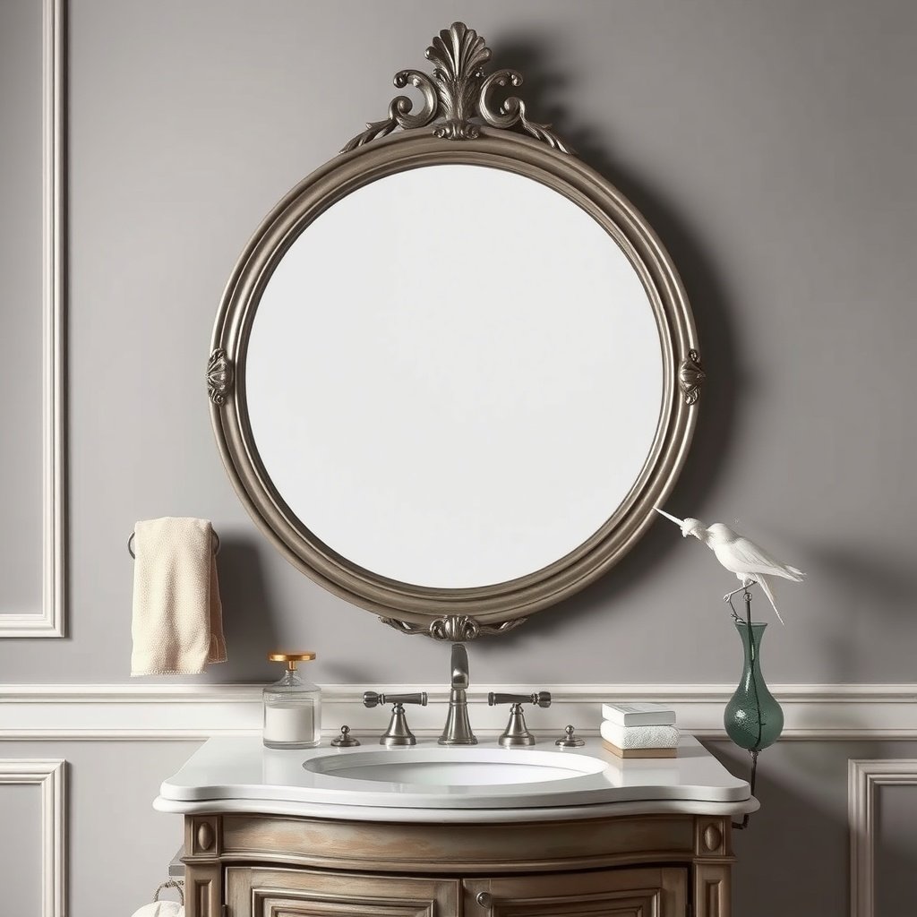 Antique silver round mirror above a bathroom sink with an elegant design