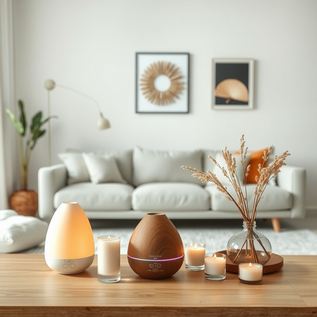 A cozy living room with essential oil diffusers and scented candles on a wooden table.