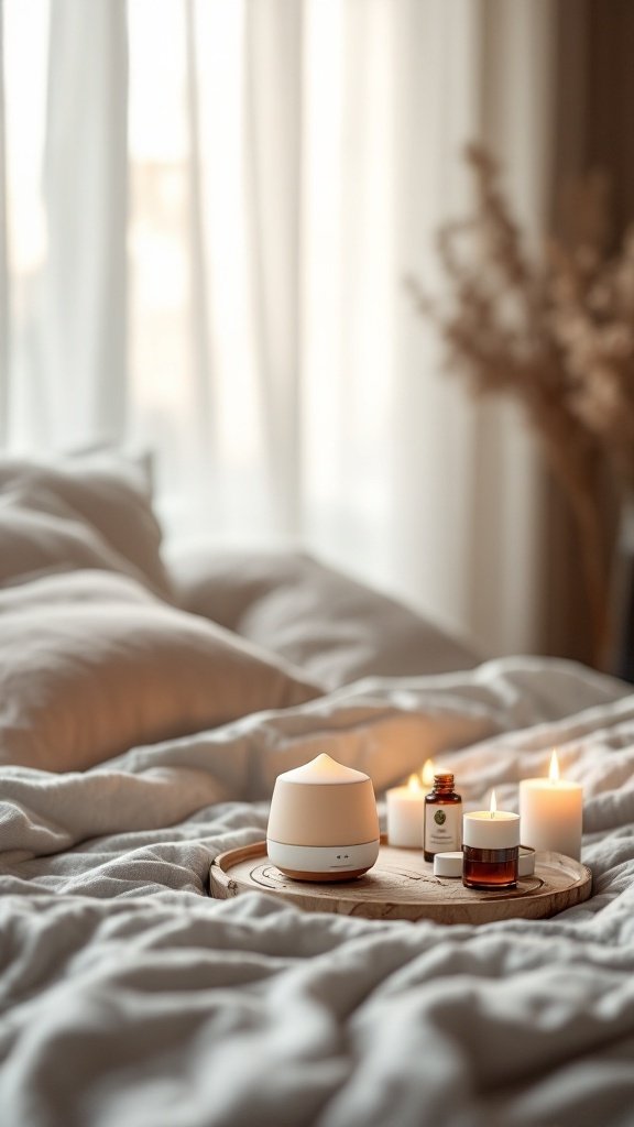 A cozy bedroom setting with a diffuser, essential oil bottles, and candles on a tray.