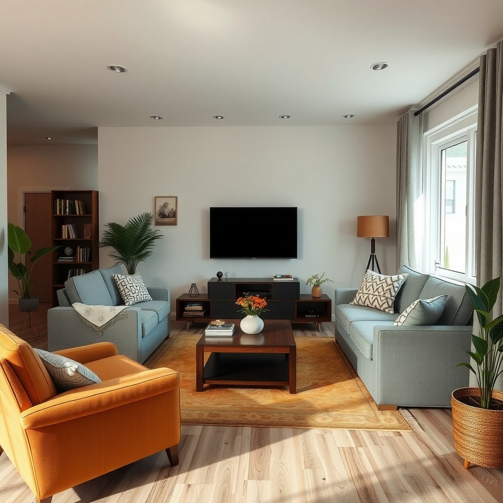 A cozy small living room with two sofas, a coffee table, and plants, showcasing effective furniture arrangement.