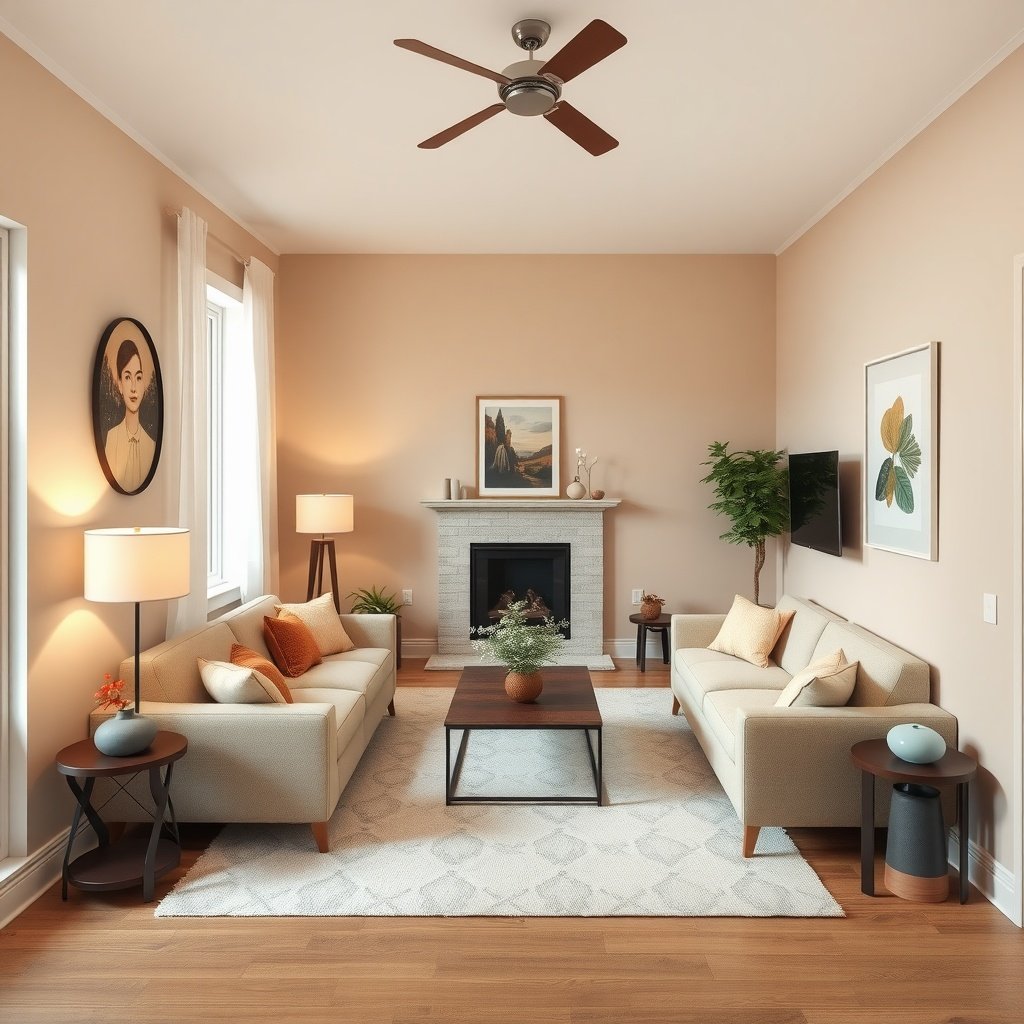 An organized small living room layout with furniture arranged to promote flow.