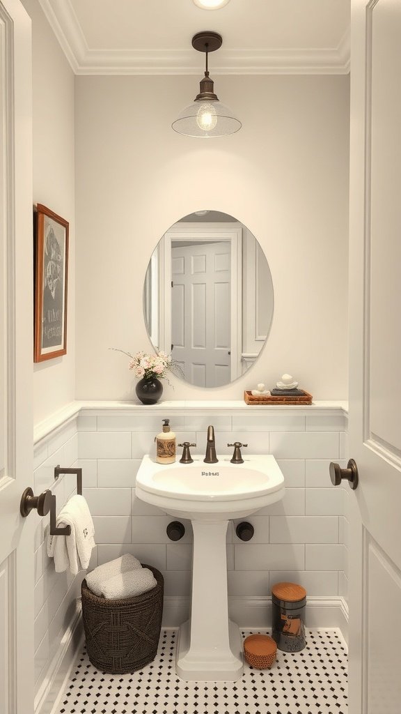 A stylish modern bathroom with a pedestal sink, round mirror, and decorative accents.