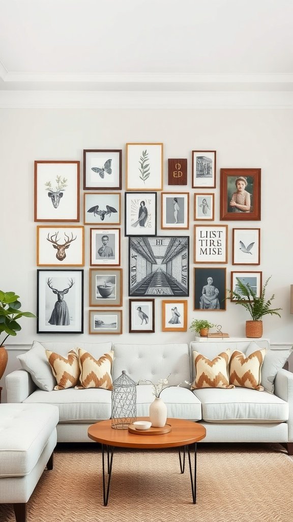 A stylish living room with a gallery wall featuring various framed artworks and decorative elements.