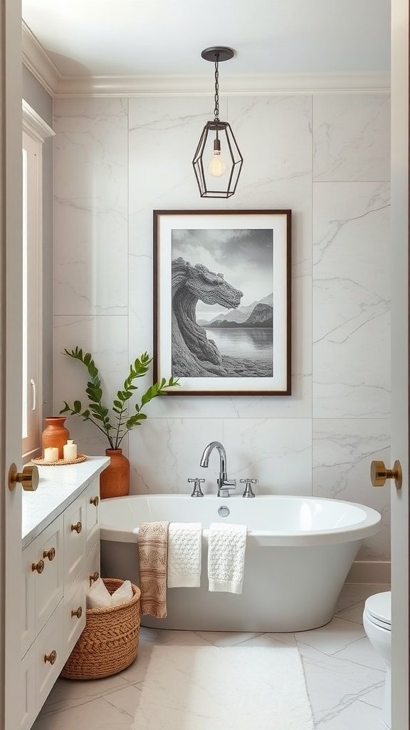 A stylish bathroom featuring a large framed artwork, elegant bathtub, and natural decor elements.