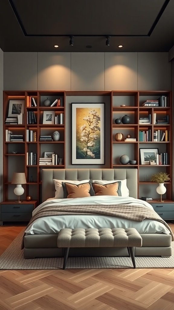 Cozy bedroom with neatly arranged bookshelves, plants, and a warm blanket