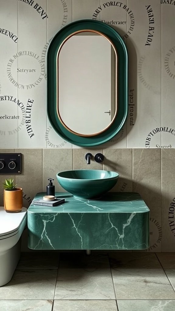 A green artisan sink with a stylish design, set against neutral tiles and a matching mirror.