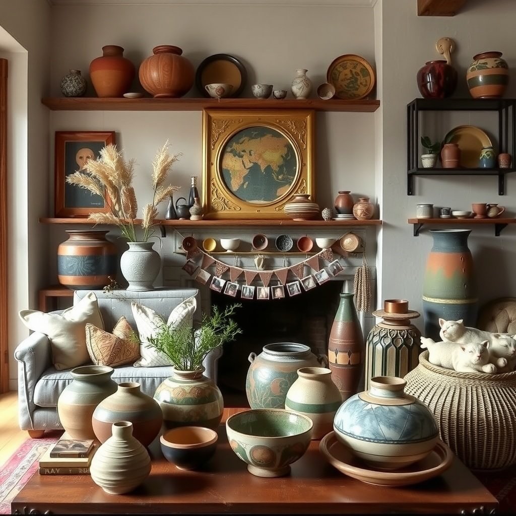 A collection of artisan pottery and ceramics displayed in a boho chic living room
