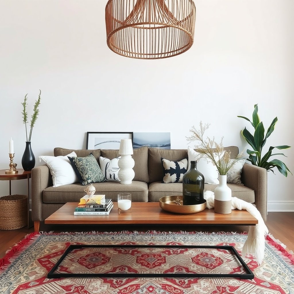 A cozy boho chic living room featuring a stylish coffee table display.
