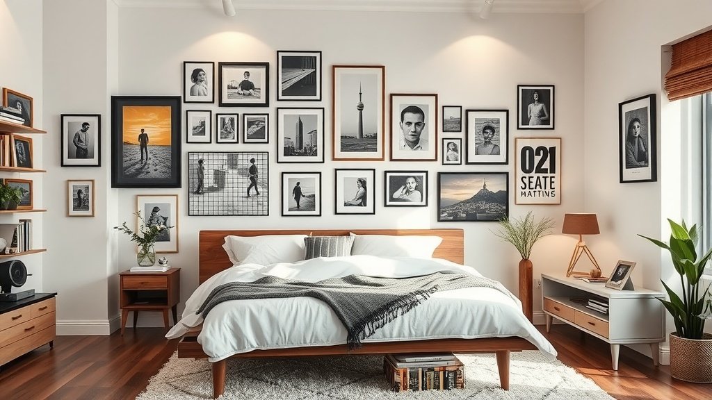 A modern bedroom with a gallery wall of framed photos and art.