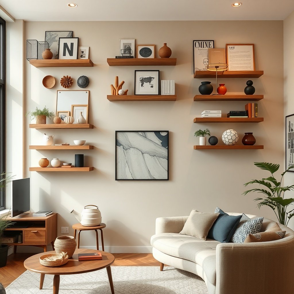 Stylish floating shelf arrangement featuring various decor and plants in a small living room