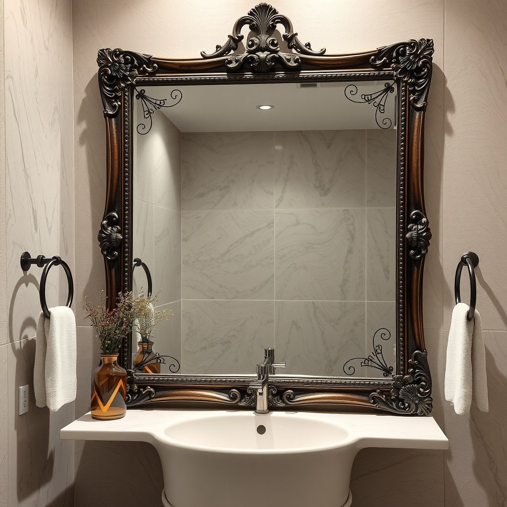 A beautifully framed mirror in an elegant bathroom setting