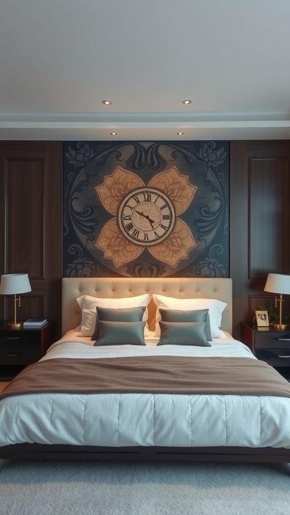 A beautifully designed bedroom with an artistic headboard featuring a floral pattern and a decorative clock.