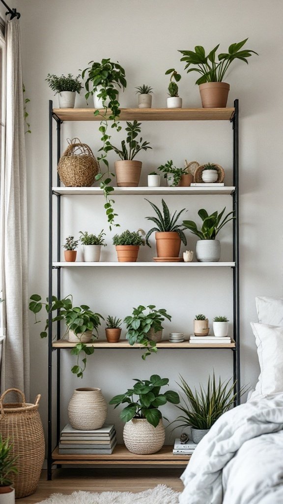 A stylish shelf filled with various indoor plants and decorative pots in a cozy bedroom setting.