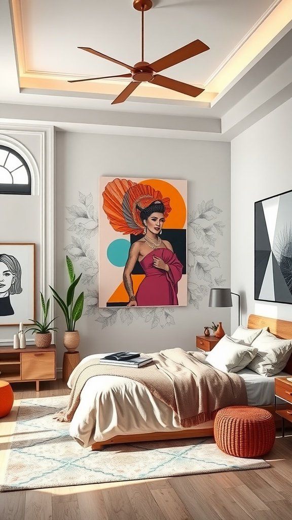 A cozy bedroom featuring a mix of art on the walls, colorful bedding, and warm lighting.