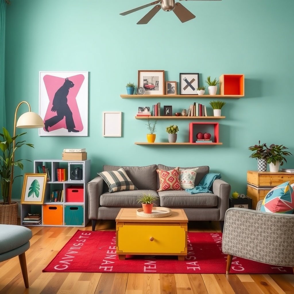 A stylish small living room with creative storage solutions including shelves and colorful bins.