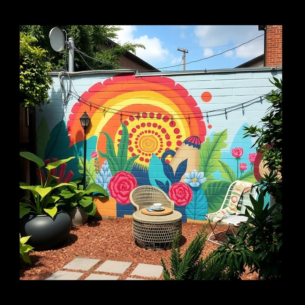 Colorful mural on a backyard wall with plants and outdoor furniture.