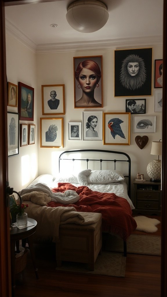 A cozy bedroom with a mix of framed artwork on the walls, showcasing various styles and subjects.
