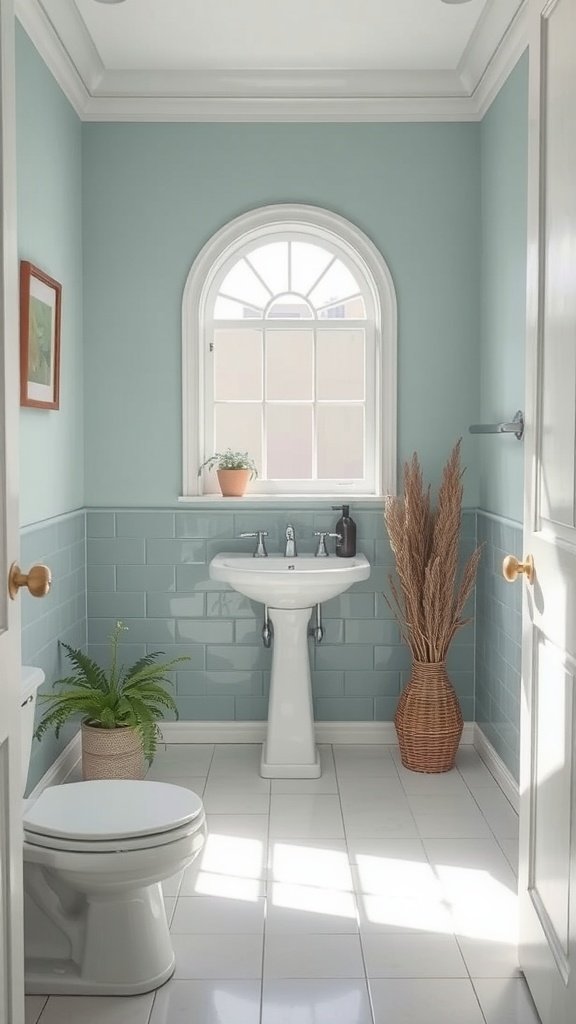 A modern bathroom featuring soft blue walls and natural decor, creating a calming atmosphere.