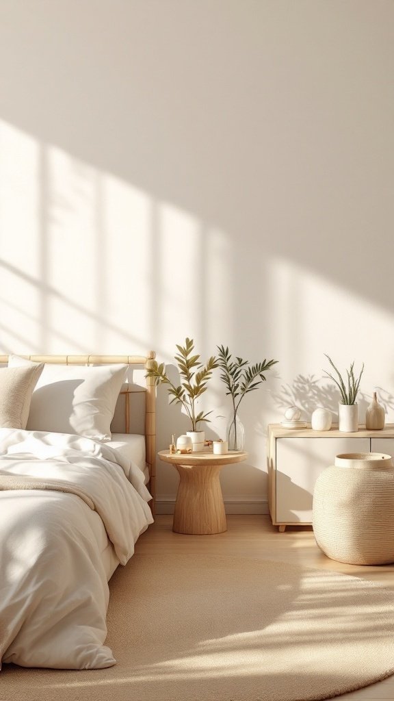 A serene bedroom featuring bamboo accents and soft linens.