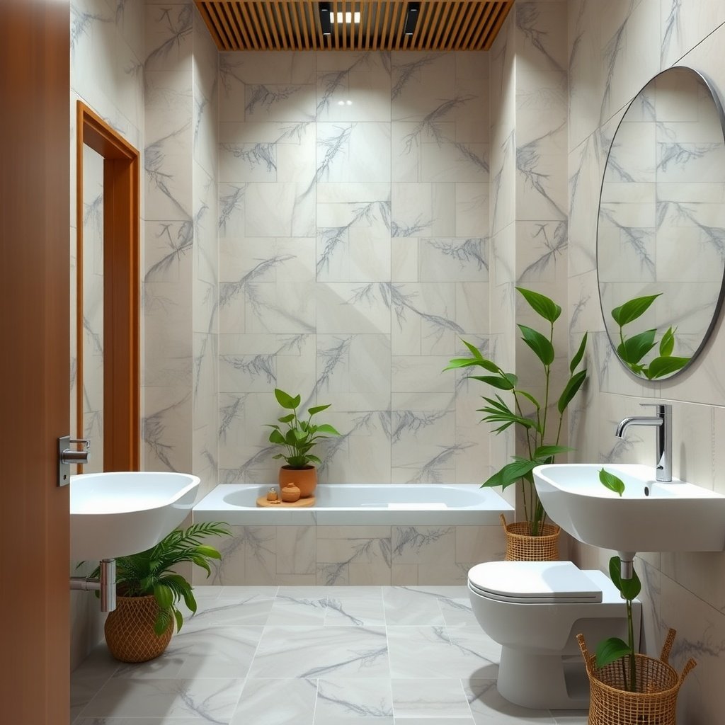 Modern bathroom with bamboo accents and greenery for a tranquil atmosphere