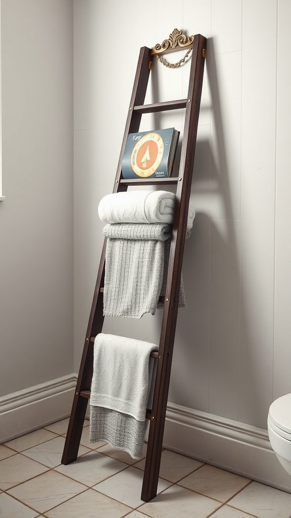 A wooden ladder with towels and a book on it, leaning against a bathroom wall.