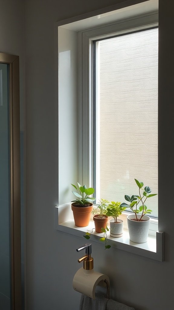 A bathroom window with small potted plants on the sill.