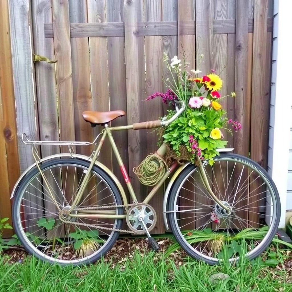 A vintage bicycle decorated with flowers, leaning against a wooden fence.