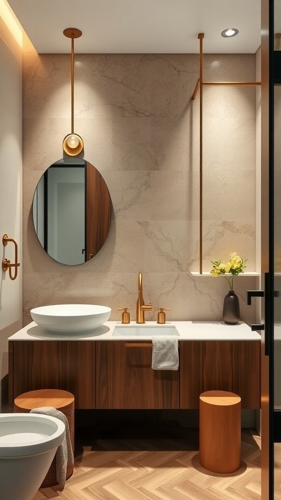 Elegant bathroom design featuring gold fixtures and natural materials.