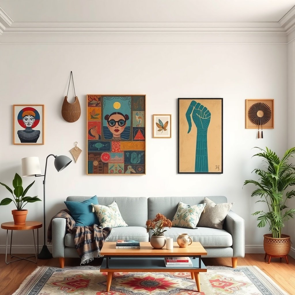 A bohemian-inspired living room featuring eclectic artwork on the walls.