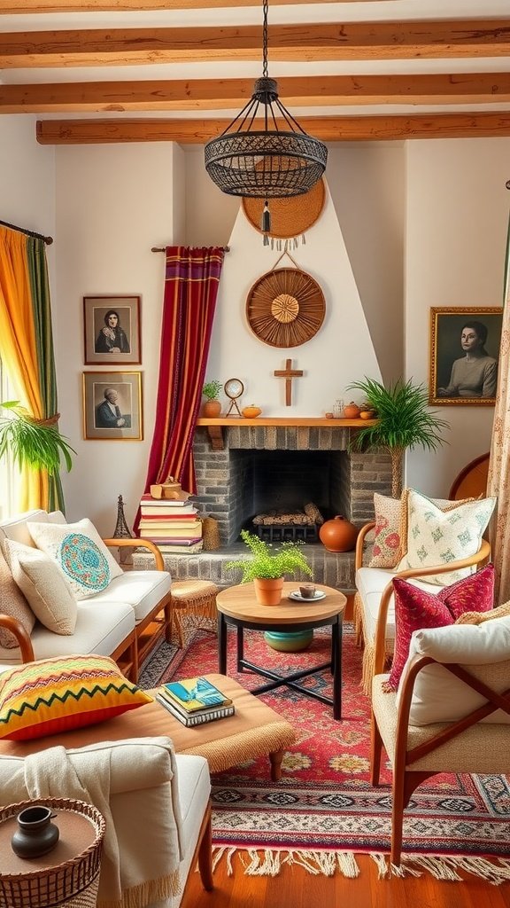 Cozy living room with bohemian decor, colorful fabrics, and a fireplace nook